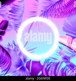Blaues und violettes tropisches Partydesign mit Palmblättern und Neonlicht. Vektorgrafik „Sommernacht“. Stock Vektor