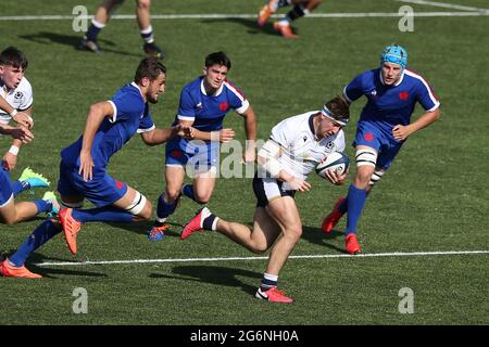 Cardiff, Großbritannien. Juli 2021. Rhys Tait aus Schottland macht eine Pause. 2021 Six Nations U20 Championship round 4, France V Scotland at the BT Sport Cardiff Arms Park in Cardiff, South Wales on Wednesday 7th July 2021. Pic by Andrew Orchard/Andrew Orchard Sports Photography/Alamy Live News Credit: Andrew Orchard Sports Photography/Alamy Live News Stockfoto