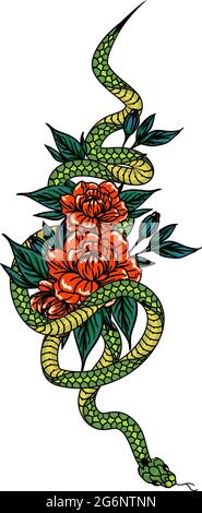 Sammlung von Mythologie und mystischen Poster Illustrationen in handgezeichneter Form. Kosmische Magie Schlange. Schlange und Wildblumen. Stock Vektor