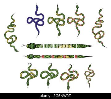 Eine Reihe von Elementen für die Erstellung eines Designs mit einer Schlange, Schlangen in verschiedenen interessanten Posen. Elemente für die Erstellung einer lockigen Pinsel-Muster für illustrat Stock Vektor