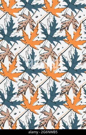 Vektor Herbst Blätter nahtloses Muster. Herbst Ahornblatt Zusammensetzung. Doodle Linienkunst, Skizzenstil natürliche Formen, orange blaue Farben Stock Vektor