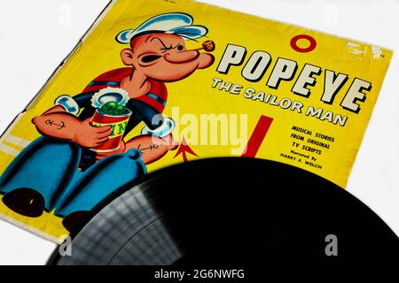 Popeye The Sailor man Album auf Vinyl-Schallplatte. Peter Pan Records Label. Harry F. Welch als Erzähler und Musik des Rocking Horse Stockfoto