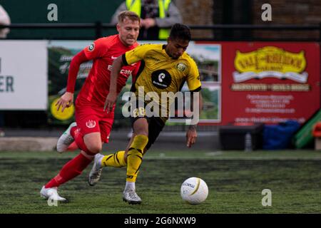 Aberystwyth, Großbritannien. Juli 2021. James vom FC Alashkert in Aktion. Connahs Quay gegen FC Alashkert in der ersten Qualifikationsrunde der UEFA Champions League am 7. Juli 2021 in der Park Avenue. Quelle: Lewis Mitchell/Alamy Live News Stockfoto