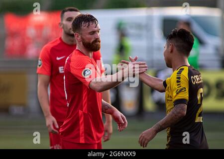 Aberystwyth, Großbritannien. Juli 2021. Craig Curran vom Connahs Quay in Vollzeit. Connahs Quay gegen FC Alashkert in der ersten Qualifikationsrunde der UEFA Champions League am 7. Juli 2021 in der Park Avenue. Quelle: Lewis Mitchell/Alamy Live News Stockfoto