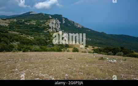 Berglandschaft auf dem Plateau der Jalta Yayla in der Nähe des Ai-Petri-Gipfels. Stockfoto