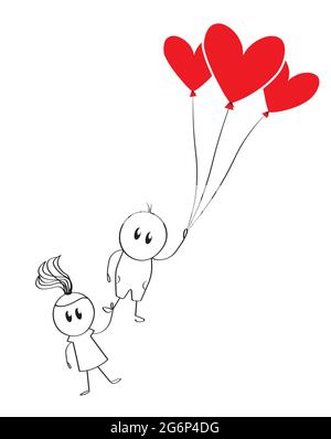 Junge und Mädchen Cartoon Silhouetten. Junge und Mädchen halten die Hände und Junge halten rote Ballons in Form eines Herzens. Minimalistisches Kunstdesign, Kunstwerke Stock Vektor