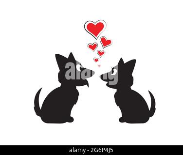 Hunde Silhouetten in Liebe mit roten Herzen Illustrationen, Vektor. Zeichentrickfigur. Kindliche Wandkunst, Kunstwerke, Poster-Design. Niedliche schwarze Hunde Silhouett Stock Vektor