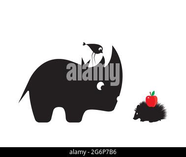 Rhino und Igel Cartoon-Illustration isoliert auf weißem Hintergrund, Vektor. Rhino und Igel Silhouette und roten Apfel. Witziges Kinderkunstdesign Stock Vektor