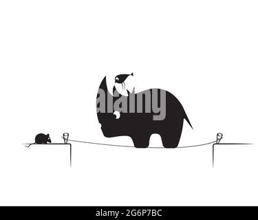 Nashorn, Vogel und Maus auf Draht, Cartoon-Illustration isoliert auf weißem Hintergrund, Vektor. Rhino, Vogel und Mäuse Silhouette. Witziges Kinderkunstdesign Stock Vektor