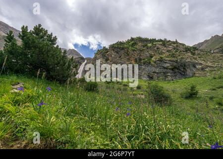 Entferntes Cascada del Cinca in den Pyrenäen mit schöner Bergwiese mit Blumen im Vordergrund am bewölkten Sommertag, Spanien Stockfoto