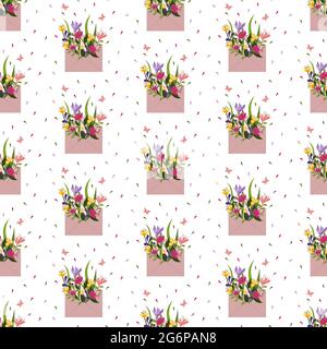 Muster mit rosa Briefumschlag und Blumen. Illustration mit Blumenstrauß und Schmetterlingen. Stock Vektor