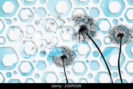 Schwarze Dandelion und 3d Kreise Tapete für Wanddekor, 3d-Illustrationen Stockfoto