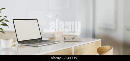 Moderner Arbeitsplatz mit Laptop-Modell, 3D-Rendering, 3D-Illustration Stockfoto