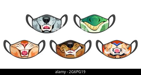 Gesichtsmasken mit beängstigenden Tiermund mit Reißzähne isoliert auf weißem Hintergrund. Vektor-Cartoon-Set aus schwarzem Tuch medizinische Schutzmasken mit Druck von Tiger, Katze, Wolf, Löwe, Krokodil und Hundezähne Stock Vektor
