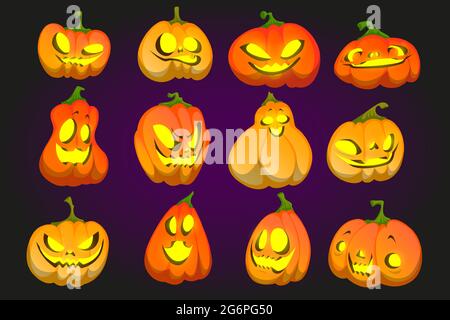 Halloween Kürbis lustige Gesichter, Jack-o-Laterne Zeichentrickfigur Emoji, niedliche oder gruselig lächelnde Geister mit leuchtenden Augen und toothy Mund. Jack Laternen Squash Maskottchen lachen, Vektor-Illustration, Set Stock Vektor