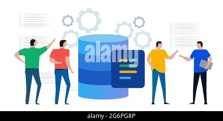 Datenbank SQL Structured Query language das Team diskutiert die Codierung für die Speicherung von Daten auf dem Server mithilfe von DBMS Stock Vektor
