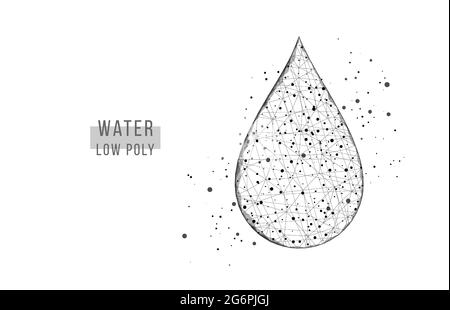 Schwarzer Wassertropfen. Drahtmodell mit geringer Poly-Poly-Poly-Einstellung. Wissenschaft, Biotechnologie, Chemie, medizinisches Konzept. Abstrakter Hintergrund. Vektorgrafik. Stock Vektor