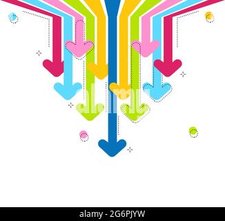 Helle abstrakte Regenbogenpfeile auf weißem Hintergrund. Die Pfeile bewegen sich nach unten. Reduzierung des Konzepts. Vektorgrafik. Abstrakter Hintergrund mit fallenden Pfeilen Stock Vektor