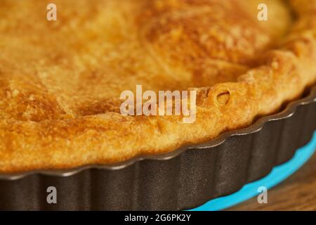 Fertig gebackene Schweizer Mangold Pie nach dem Backen. Nahaufnahme Stockfoto
