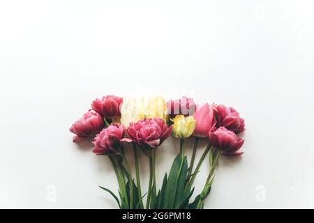 Bouquet von rosa Tulpen auf weißem Hintergrund. Festlicher Hintergrund, flach liegend Stockfoto