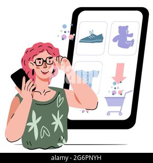 Online-Shopping und E-Commerce, Cartoon-Vektor-Illustration isoliert auf weiß. Stock Vektor