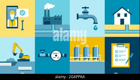 Symbole für Wasserversorgung und Abwasserentsorgung: Dienstleister für die Wasseraufbereitung, -Verteilung und -Sammlung Stock Vektor