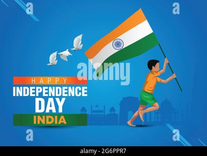 Happy Independence Day Indien Poster, ein Junge läuft mit indischer Flagge. vektor-Illustration Design Stock Vektor