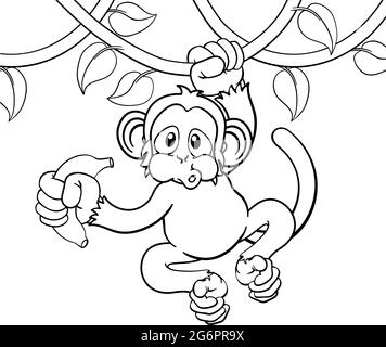 Affen Singen Auf Jungle Vines Mit Banana Cartoon Stock Vektor