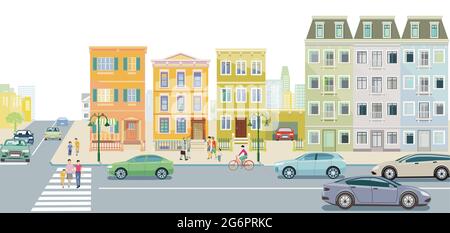 Familien und Menschen auf dem Bürgersteig mit Straßenverkehrsabbildung Stock Vektor