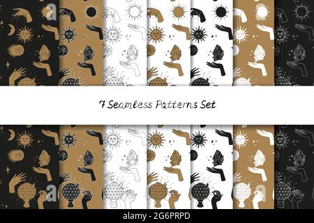 Nahtlose Muster mit handgezeichneten Doodle Linie Kunst weibliche Hexenhände halten Sonne und Mond gesetzt Stock Vektor