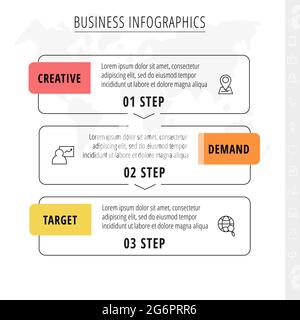 Linienvektor-Infografiken mit drei Rechtecken. Prozessvorlage für quadratisches Diagramm mit Pfeilen. Moderner Zeitplan für Unternehmens- oder Unternehmensprojekt, Stock Vektor
