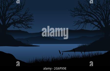 Fantastische Aussicht auf die Berge vom Flussufer in der Nacht. Vektordarstellung einer Stadt Stock Vektor