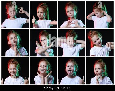 Collage von Kindergesichtern mit unterschiedlichen positiven und negativen Emotionen. Stockfoto