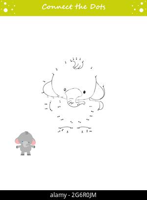 Wir zeichnen einen Elefanten. Punkt zu Punkt. Zeichnen Sie eine Linie. Spiel für Kleinkinder. Lernzahlen für Kinder. Arbeitsblatt zur Entwicklung von Schulungen. Isolierte Vektordarstellung Stock Vektor