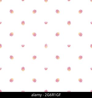 Einfaches nahtloses Muster mit kleinen rosa Blüten auf weißem Hintergrund. Kindertextur mit Gänseblümchen und Tulpe. Vektor-Tapete mit Blumenmuster. Zarte Fab Stock Vektor