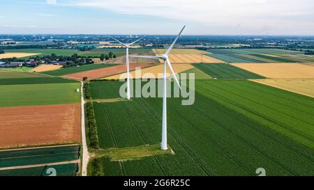 Windrader auf den Feldern zwischen Willich und Osterath bei Krefeld. Stockfoto