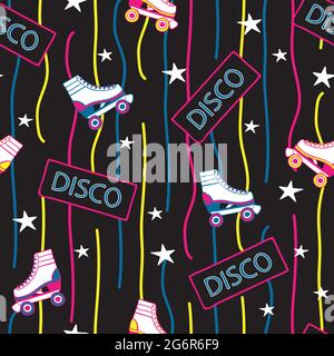 Nahtloses Vektor-Muster mit Rollschuppen und Sternen auf schwarzem Hintergrund. Retro Tapetendesign mit Neonfarben. Stock Vektor