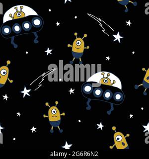 Nahtlose Vektor-Muster mit Cartoon-Aliens auf schwarzem Hintergrund. Freundliches UFO-Wallpaper-Design für Kinder. Dekorativer Raum Mode Textil. Stock Vektor