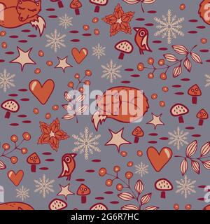 Nahtloses Vektor-Muster mit Fuchs und Vogel auf blauem Hintergrund. Weihnachten Wald Tapete Design. Winter floral Mode Textil. Stock Vektor