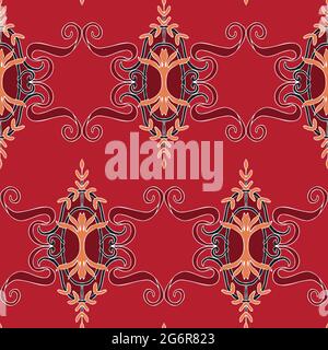 Nahtlose Vektor-Tapete Design viktorianischen Stil. Dunkles Textil-Wiederholungsmuster auf rotem Hintergrund. Ideal für Mode, Stoff, Textil. Stock Vektor