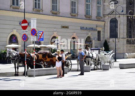 Wien, Österreich. Juli 2021. Hitzewelle in Österreich. In Wien werden bis zu 38 Grad Celsius prognostiziert. Fiaker-Pferde haben Hitze frei von 35 Grad Celsius. Quelle: Franz Perc / Alamy Live News Stockfoto