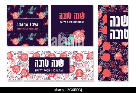 Jüdisches Neujahr, Rosh Hashanah Grußkarte und Bannerset. Grußbanner mit Symbolen des jüdischen Neujahrs. Segen des glücklichen neuen Jahres, Shana Tova Stock Vektor