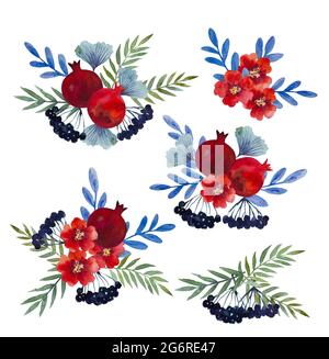 Original Aquarell-Kompositionen aus Granatblumen und Granatapfelfrüchten für Dekor, Hochzeitseinladungen, Geburtstagskarten Stockfoto