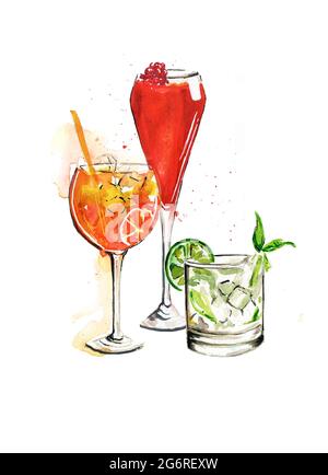 Handbemalte Aquarellillustrationen mit verschiedenen bunten roten, orangen und grünen Cocktails in Gläsern, isoliert auf weißem Hintergrund Stockfoto
