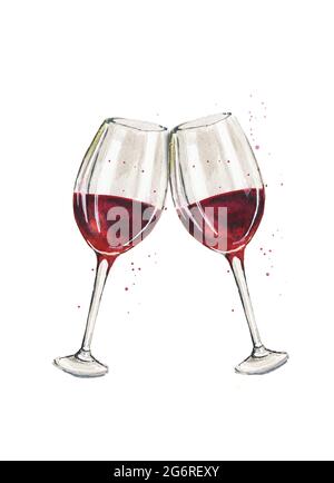 Handbemalte Aquarelldarstellung von zwei Gläsern Rotwein in Gläsern, die zum Feiern zusammenklirren Stockfoto