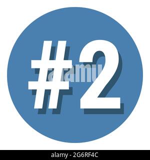 Zahl 2 zwei Symbol Zeichen im Kreis, 2. Sekunde zählen Hashtag-Symbol. Einfache Vektorgrafik in flachem Design. Weiß mit Schatten auf blauem Hintergrund. Stock Vektor