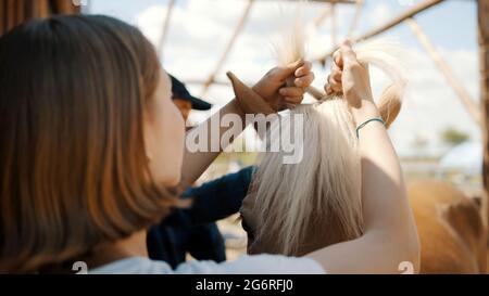 Rückansicht des Mädchens Flechtmähe eines hellbraunen Palomino Pferdes. Schönes Pferd mit einer blonden Mähne auf der Ranch. Vorbereitungen für den Reitwettbewerb. Pferde pflegen. Stockfoto