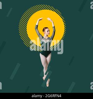 Kunstcollage. Porträt einer jungen Balletttänzerin isoliert auf grünem Hintergrund mit großem gelben Kreis. Bild in voller Größe Stockfoto