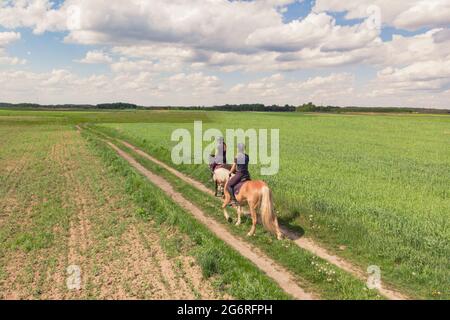 Zwei Reiter auf einem Palomino-Pferd und einem Dark Bay Horse, die tagsüber über das wunderschöne Farmfeld fahren. Luftaufnahme der schönen Wiesen. Reiter auf dem Feld. Wolkiger Himmel. Stockfoto