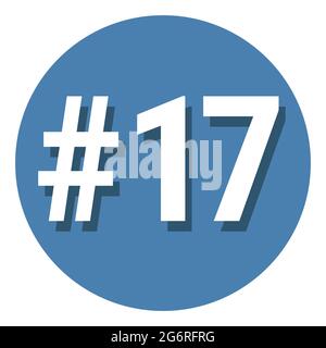 Nummer 17 siebzehn Symbol Zeichen im Kreis, 17. Siebzehnten Zählung Hashtag-Symbol. Einfache Vektorgrafik in flachem Design. Weiß mit Schatten auf blauem Rücken Stock Vektor